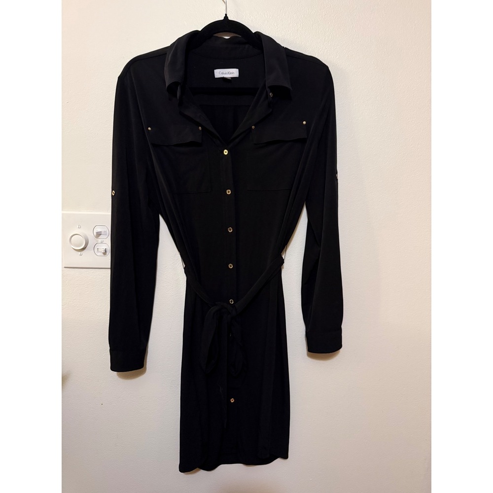 Calvin Klein Button Up Shirt Dress Black Size 12 NWOT